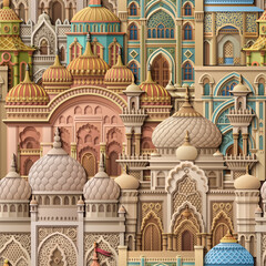 Colorful vector illustration of Middle Eastern city architecture with domes, arches and palm trees, layered buildings forming a dense urban pattern, decorative and travel themed