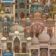 Colorful vector illustration of Middle Eastern city architecture with domes, arches and palm trees, layered buildings forming a dense urban pattern, decorative and travel themed