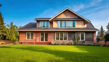 Fototapeta premium Beautiful two-story house with green lawn under a clear blue sky.