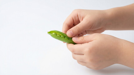 Minimalist close-up of two young hands holding a single green pea pod, fingers ready to open it. Isolated on a bright white background, the image reflects simplicity, calm, and slow food values.