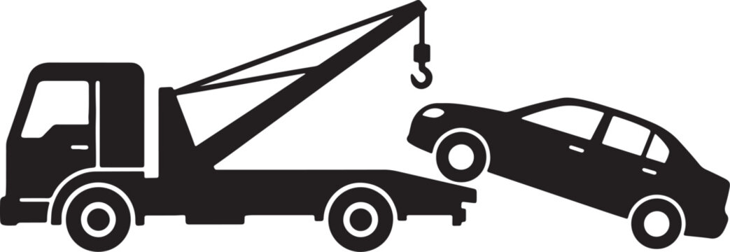 Black silhouette of a tow truck lifting a car on a white background also transparent background towing