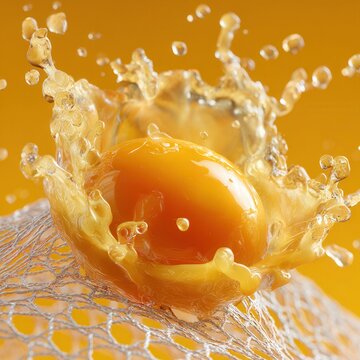 macro shot of fresh egg yolk splashing through a transparent mesh, liquid motion frozen mid-air, vibrant golden-yellow yolk with dynamic droplets, photorealistic high-speed food photography