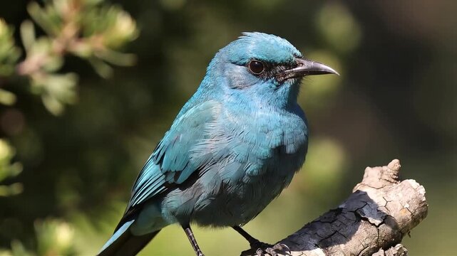 A vibrant blue bird perched on a weathered branch, showcasing its detailed feathers and sharp beak.