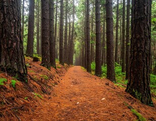 Tranquil Forest Pathway Surrounded by Tall Evergreen Trees