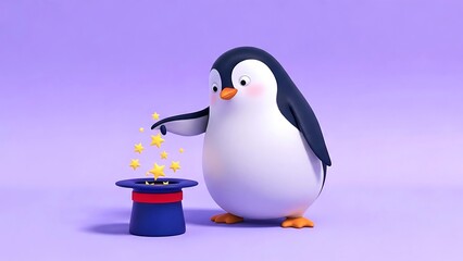 Obraz premium Cute Penguin Performing Magic Trick with Stars and Hat for Whimsical Fun and Imagination Concept