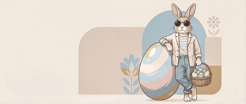 Stylish rabbit leaning on a giant Easter egg with copy space. Trendy bunny character holding a basket of eggs. Wide banner illustration for spring promotion