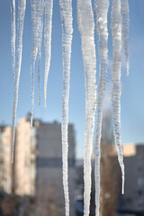 Large icicles over defocused winter urban cityscape background