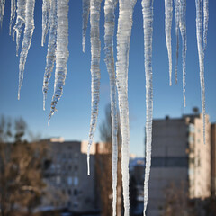Large icicles over defocused winter urban cityscape background