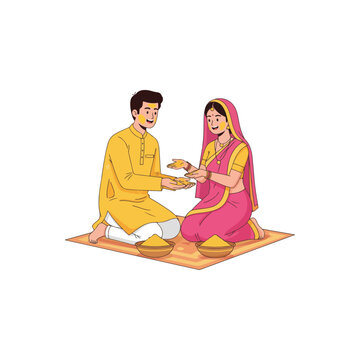 Indian Couple Haldi Ceremony Vector Illustration on White Background