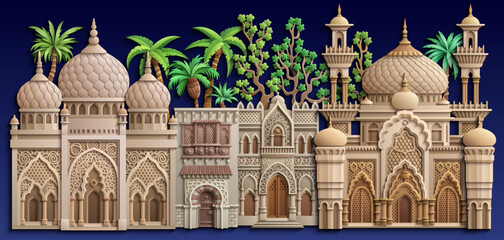 Arabic paper cut style vector illustration of an oriental city with mosques, domes, minarets and palm trees on dark blue background. Ramadan Kareem concept design.