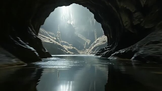 Sunlight streams into a vast cave illuminating a tranquil underground lake with reflections.