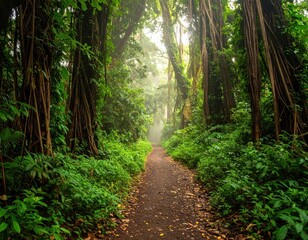 Fototapeta premium Serene Jungle Pathway Through Lush Greenery and Soft Mist