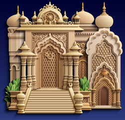 Arabic paper cut style vector illustration of an oriental city with mosques, domes, minarets and palm trees on dark blue background. Ramadan Kareem concept design.