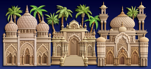 Arabic paper cut style vector illustration of an oriental city with mosques, domes, minarets and palm trees on dark blue background. Ramadan Kareem concept design.