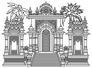 Black and white outline vector illustration of an ornate oriental palace entrance with stairs and palm trees. Detailed line art for coloring book or tattoo design.