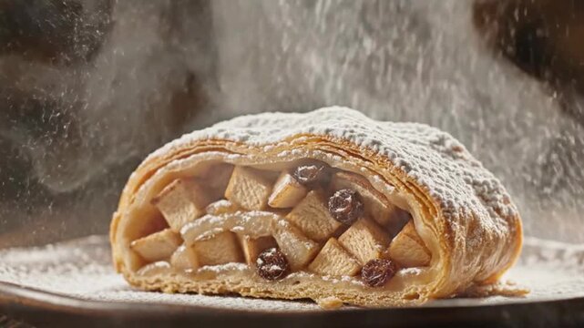 Austrian Apple Strudel with Steam and Sugar in Cinematic