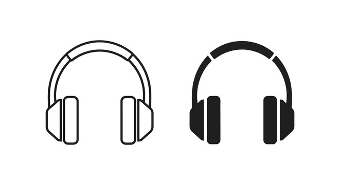 A minimalist illustration depicts two pairs of over ear headphones one outlined and one solid black high quality professional