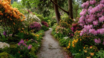 Enchanting Garden Path Lined with Vibrant Blooming Rhododendrons and Azaleas.