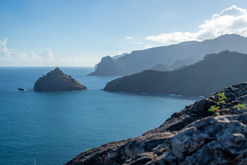 Cliffs and coastline of Taiohae Bay in Nuku Hiva, Marquesas Islands, French Polynesia