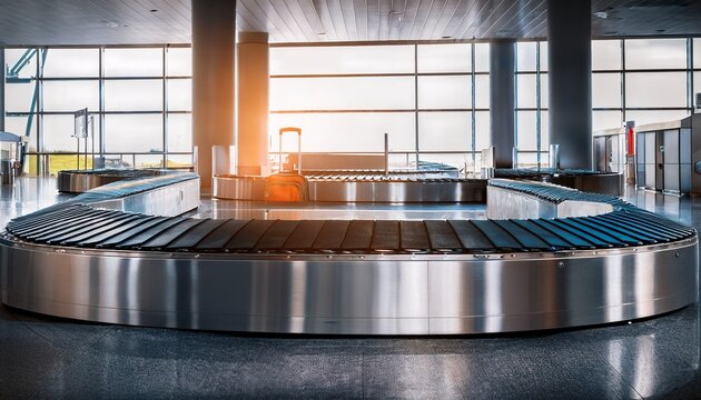 baggage moving on an airport conveyor belt in an empty airport arrivals hall