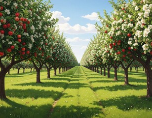 Obraz premium Vibrant Apple Orchard with Blossoming Trees and Lush Green Grass
