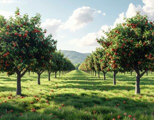 Fototapeta premium Lush Apple Orchard with Fruit-Laden Trees on a Sunny Day