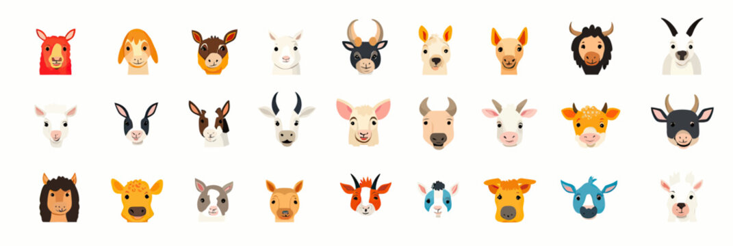 Collection of colorful flat minimalist vector cartoon farm and domestic animal heads icons including llama goat cow pig donkey rabbit deer and horse illustrations