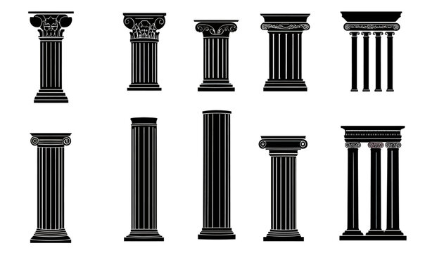 Set of classical ancient columns and pilasters silhouettes including Corinthian, Ionic, Doric styles isolated on white background vector illustration for architecture design concepts