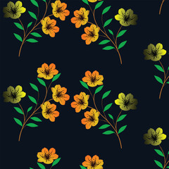 Seamless Floral Pattern with Yellow and Orange Flowers on Dark Background