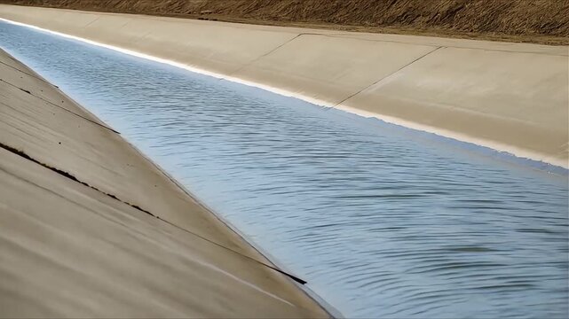 Concrete canal with flowing water under a clear sky, representing water management and infrastructure.