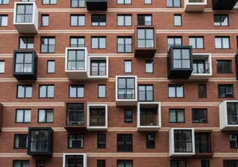 Naklejka premium Red brick apartment building with many windows and balconies
