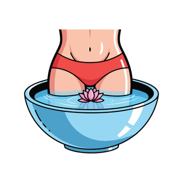Feminine Yoni Care and Wellness Concept Illustration. Woman in Sitz Bath or Steam Bowl with Lotus Flower for Holistic Reproductive Health and Hygiene.