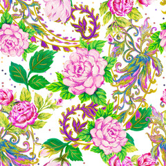 Paisley damask oriental seamless pattern watercolor gouache golden outline pink rose blossom garden elegance background for decor, print wallpaper, fashion