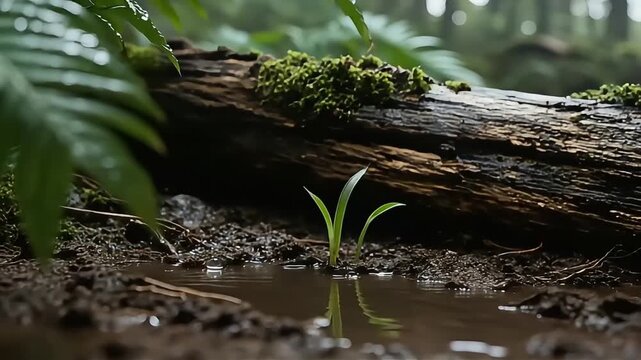 A tiny green sprout emerges from the wet soil next to a fallen log covered in moss in a lush forest.