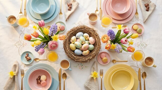 Easter Brunch Table Setting with Decorated Eggs