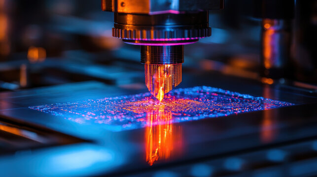 Advanced imprint lithography machine working on microchip with glowing orange and blue light in close up macro photography