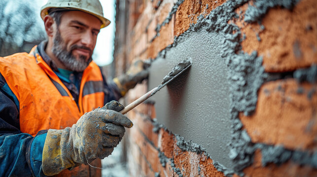 Focused construction worker in safety gear applies fresh mortar to brick wall with trowel, showcasing professional masonry work