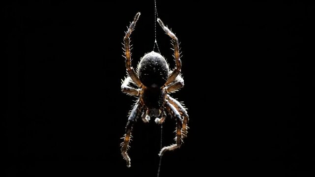 Captivating close-up of a common garden spider suspended delicately on a single strand of silk against a deep black background, showcasing the intricate details of its hairy body and long legs