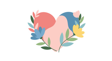 Vector heart shape illustration with colorful leaves and flowers, for Valentine's Day or love-themed banner, poster, or social media graphic, Isolated on transparent background, png