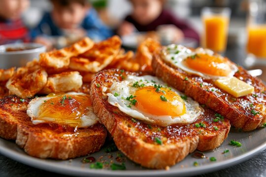  Tostadas crujientes con huevos y salsa servidas como desayuno caliente y abundante.

