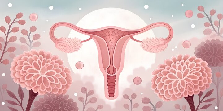 a stylized, artistic illustration of the female reproductive system (uterus, fallopian tubes, ovaries and upper vagina). The uterus is drawn in soft pink with a scalloped / scale-like texture.