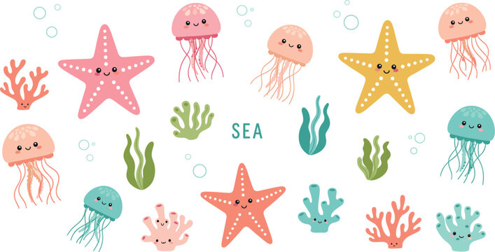 Cute sea creature vector set with jellyfish starfish coral seaweed and smiling underwater animals isolated on white background for nursery ocean designs
