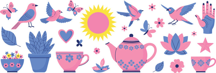 Colorful spring elements vector set with birds flowers teapot cups sun leaves butterflies and decorative nature icons isolated on white background © MdRazaul