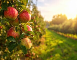 Fresh Red Apples on Tree Branch in Sunlit Orchard Landscape