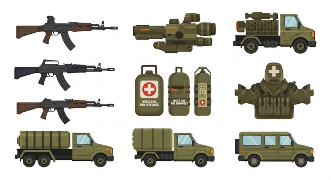 Military equipment illustrations with weapons and vehicles in green  
