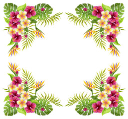 Fototapeta premium Tropical flowers frame. Floral tropics ornament. Watercolor painting with pink Hibiscus rose flowers and palm leaves. Tropic summer composition.
