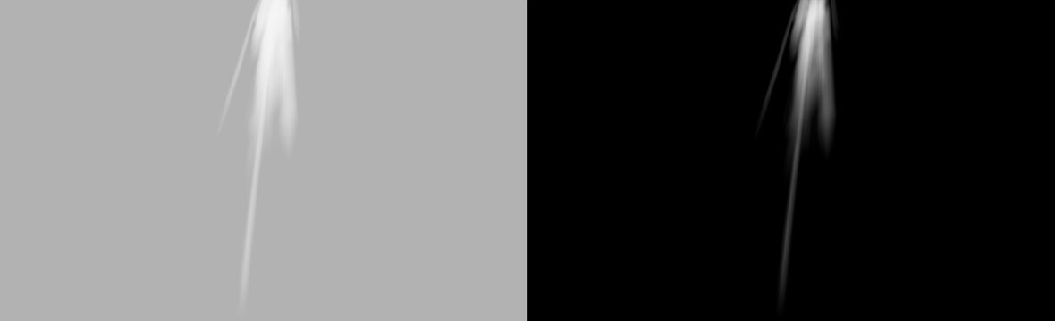 Thin white spotlight ray isolated on transparent background, single sharp light beam descending with long taper and minimal diffusion, realistic stage illumination overlay PNG