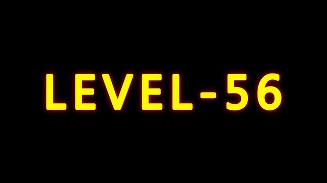 LEVEL 56 text animation on black background. typography ideal for gaming progress, level 56 text bounce animation with glow effect.