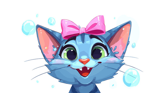 Happy blue cartoon cat with a pink bow and bubbles, smiling character