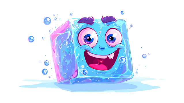 Friendly ice cube character with a big smile and bubbles, cooling concept